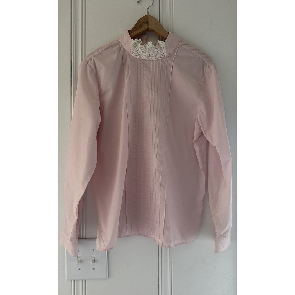 Vintage Pink Lace Mock Neck Pintuck Blouse Women's 8 Prairie Victorian Romantic